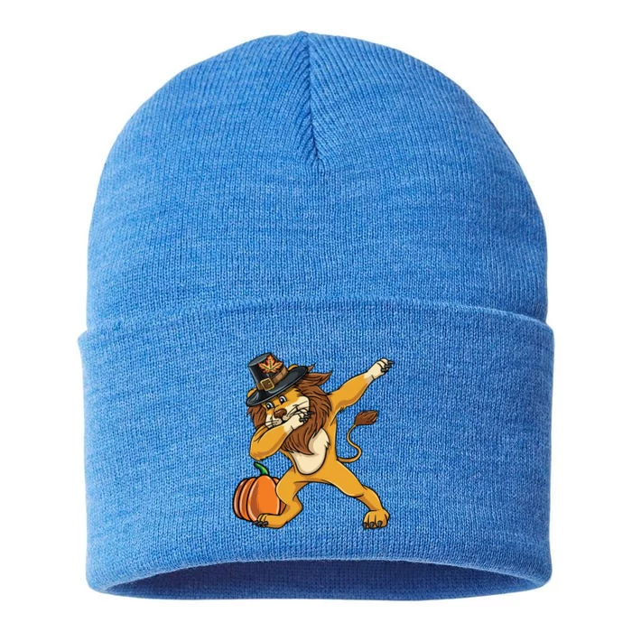 Dabbing Pilgrim Lion Thanksgiving Gift Sustainable Knit Beanie