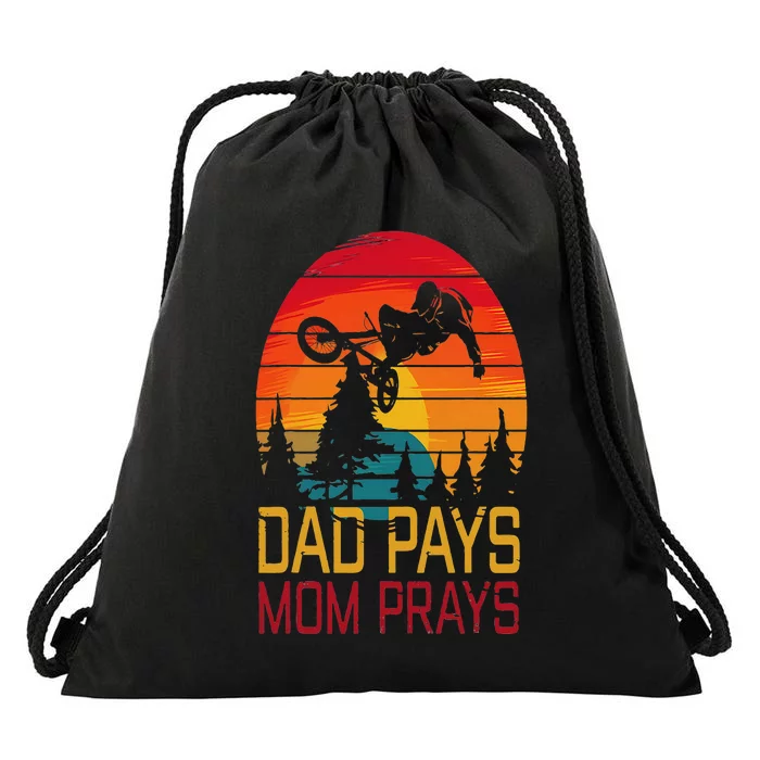 Dad Pays Mom Prays Dirt Bike Retro Motocross Drawstring Bag