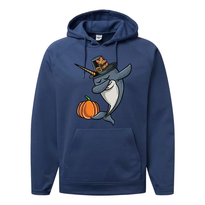 Dabbing Pilgrim Narwhal Thanksgiving Gift Performance Fleece Hoodie