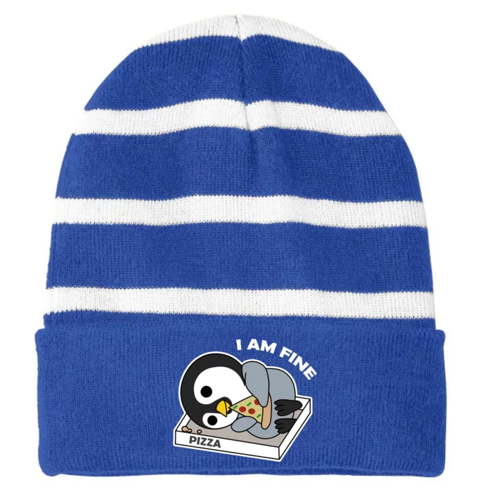 Depressed Pizza Penguin Great Gift I Am Fine Gift Striped Beanie with Solid Band