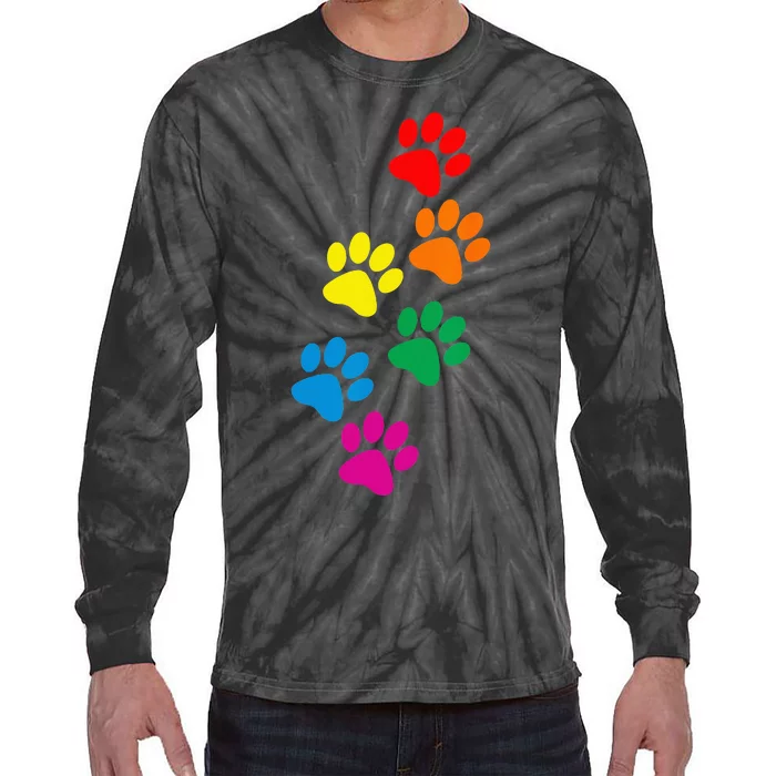 Dog Paw Print Dog Pride Rainbow Dog Tie-Dye Long Sleeve Shirt