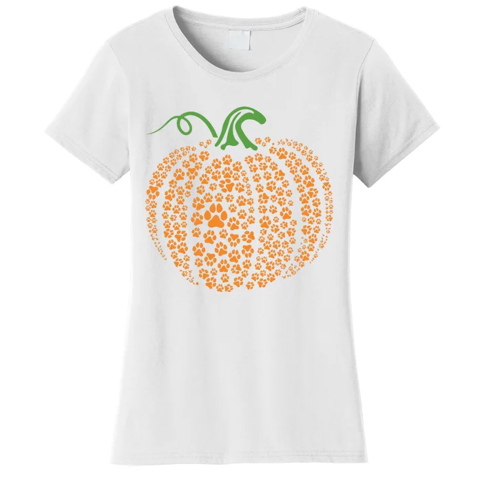 Dog Paw Print Pumpkin Autumn Fall Animal Lover Halloween Women's T-Shirt