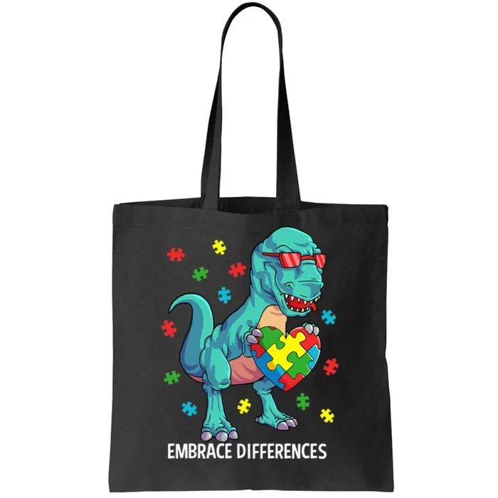 Dinosaur Puzzle Piece Autism Awareness Embrace Differences Tote Bag