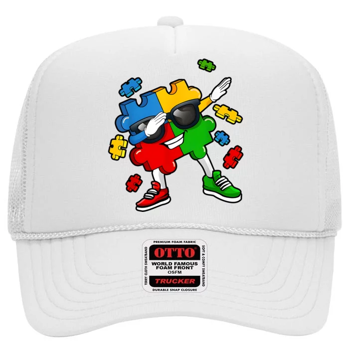 Dabbing Puzzle Piece Sunglasses Autism Awareness High Crown Mesh Trucker Hat