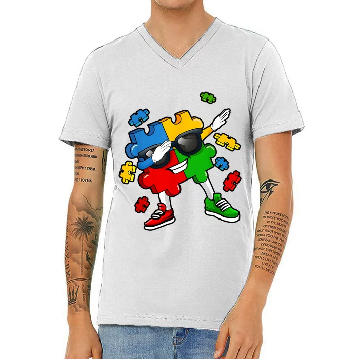 Dabbing Puzzle Piece Sunglasses Autism Awareness V-Neck T-Shirt