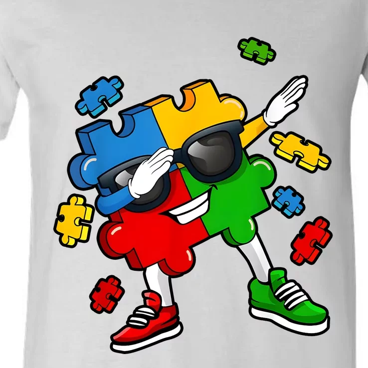 Dabbing Puzzle Piece Sunglasses Autism Awareness V-Neck T-Shirt