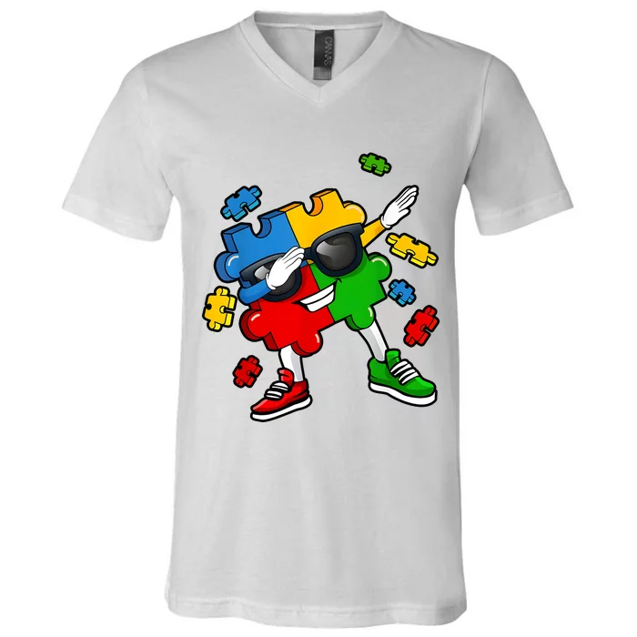 Dabbing Puzzle Piece Sunglasses Autism Awareness V-Neck T-Shirt