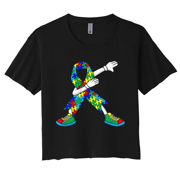 Dabbing Puzzle Piece Love Autism Awareness Women's Crop Top Tee