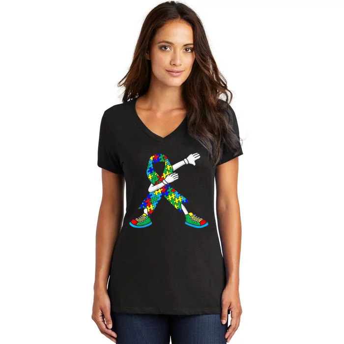 Dabbing Puzzle Piece Love Autism Awareness Women's V-Neck T-Shirt