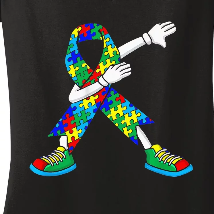 Dabbing Puzzle Piece Love Autism Awareness Women's V-Neck T-Shirt