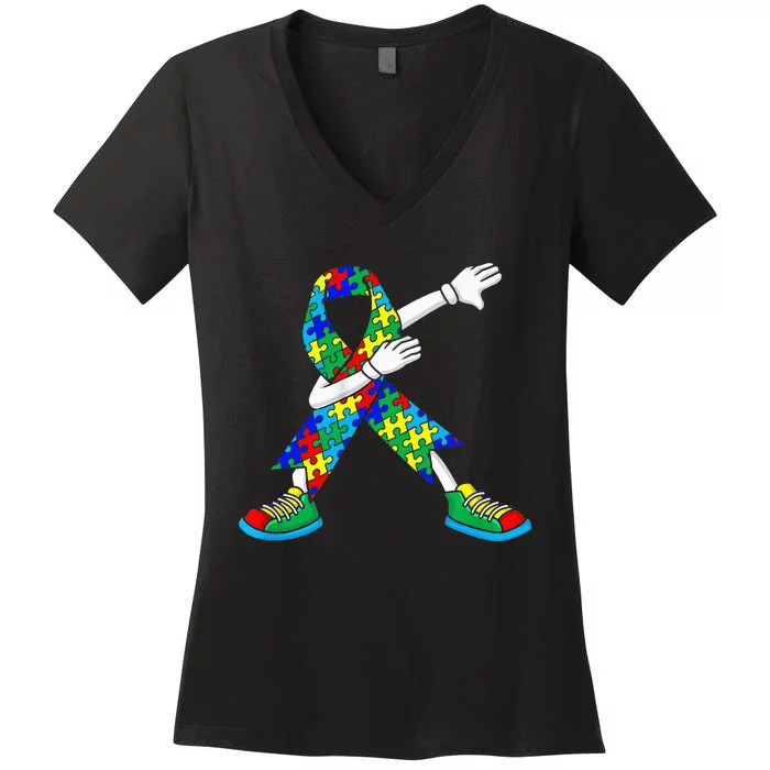 Dabbing Puzzle Piece Love Autism Awareness Women's V-Neck T-Shirt