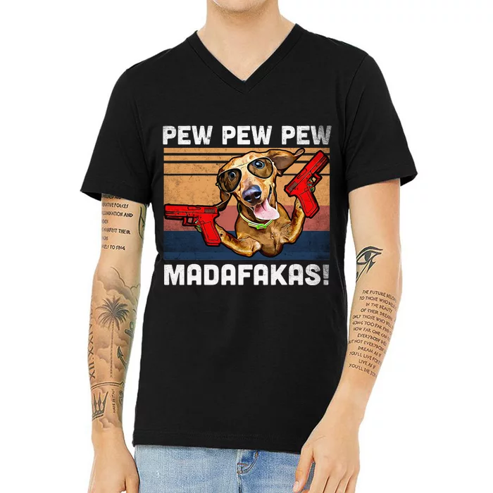 Dachshund Pew Pew Madafakas Vintage Weiner Dog Pew V-Neck T-Shirt