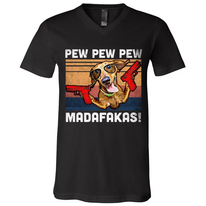 Dachshund Pew Pew Madafakas Vintage Weiner Dog Pew V-Neck T-Shirt