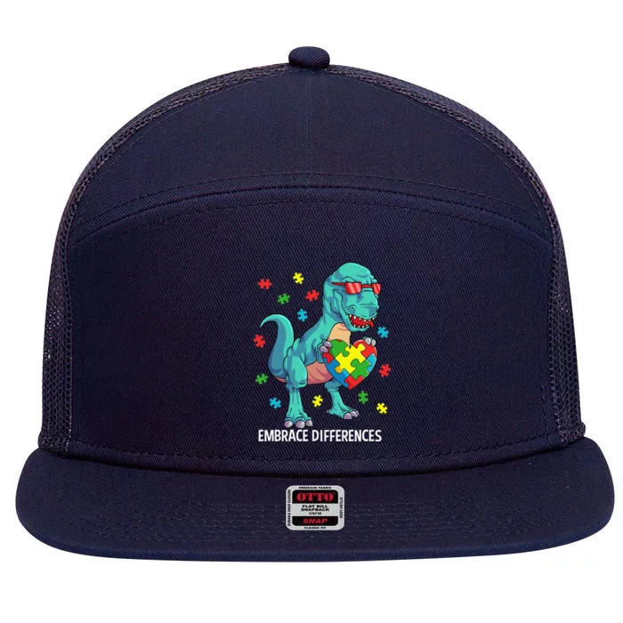 Dinosaur Puzzle Piece Autism Awareness Embrace Differences 7 Panel Mesh Trucker Snapback Hat