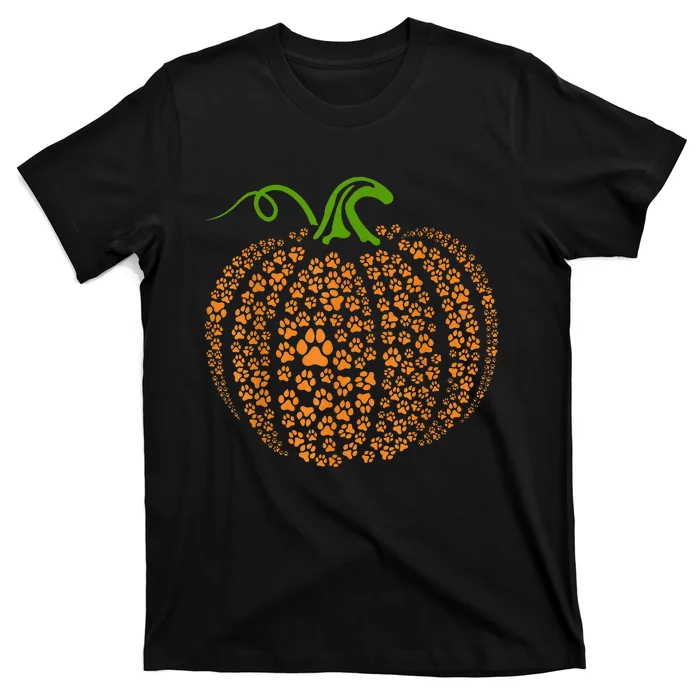 Dog Paw Print Pumpkin Autumn Fall Animal Lover Halloween T-Shirt