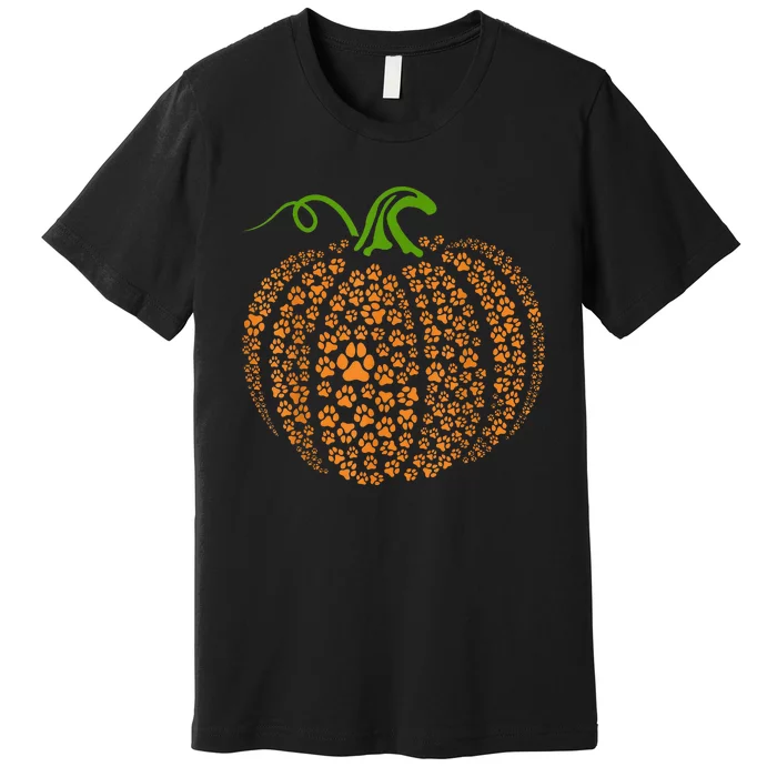 Dog Paw Print Pumpkin Autumn Fall Animal Lover Halloween Premium T-Shirt