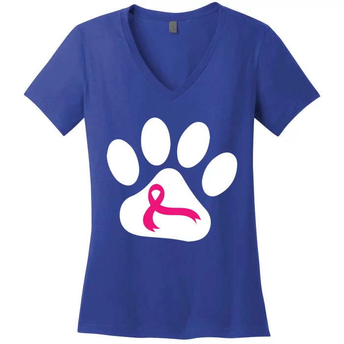 Dog Paw Print Breast Cancer Awareness Pink Ribbon Warrior Gift Women's V-Neck T-Shirt