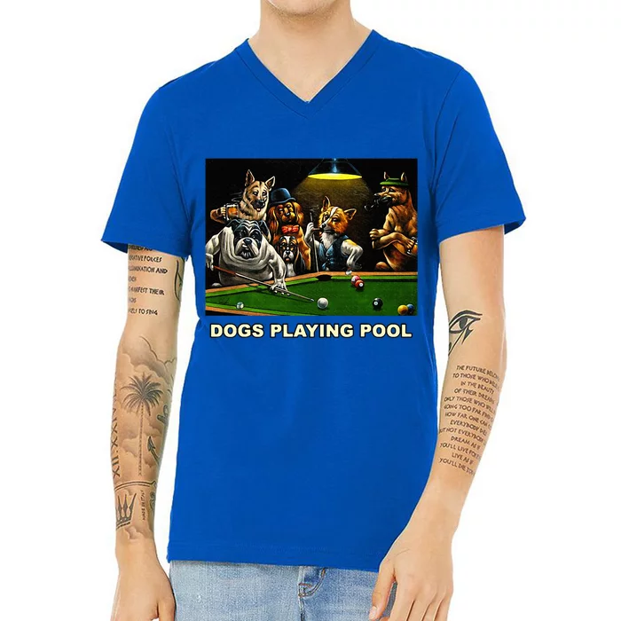 Dogs Playing Pool Art Work Puppies Snooker Pocket Billiards V-Neck T-Shirt