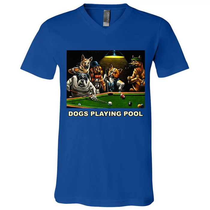 Dogs Playing Pool Art Work Puppies Snooker Pocket Billiards V-Neck T-Shirt