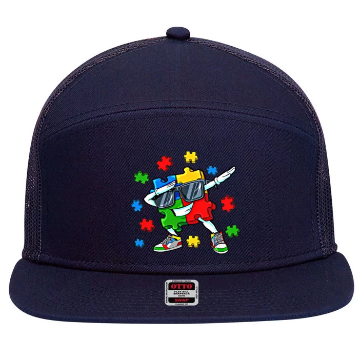 Dabbing Puzzle Pieces Autism Awareness Day Dab Gift 7 Panel Mesh Trucker Snapback Hat