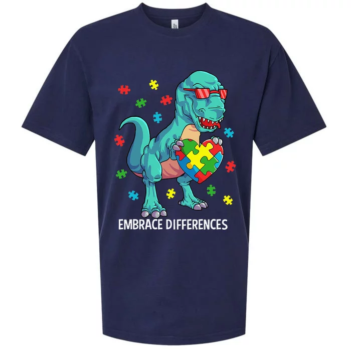 Dinosaur Puzzle Piece Autism Awareness Embrace Differences Sueded Cloud Jersey T-Shirt