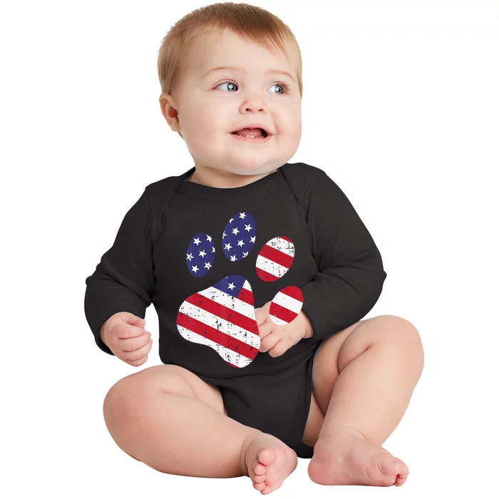 Dog Paw Print American Flag USA Cute 4th Of July Fourth Dogs Baby Long Sleeve Bodysuit