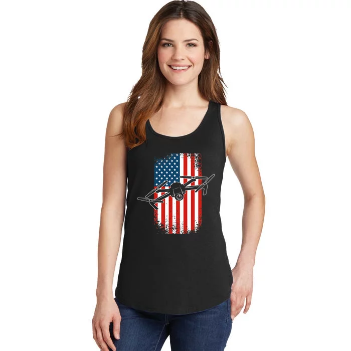 Drone Pilot Quadcopter UAV 4th of July American Flag Ladies Essential Tank