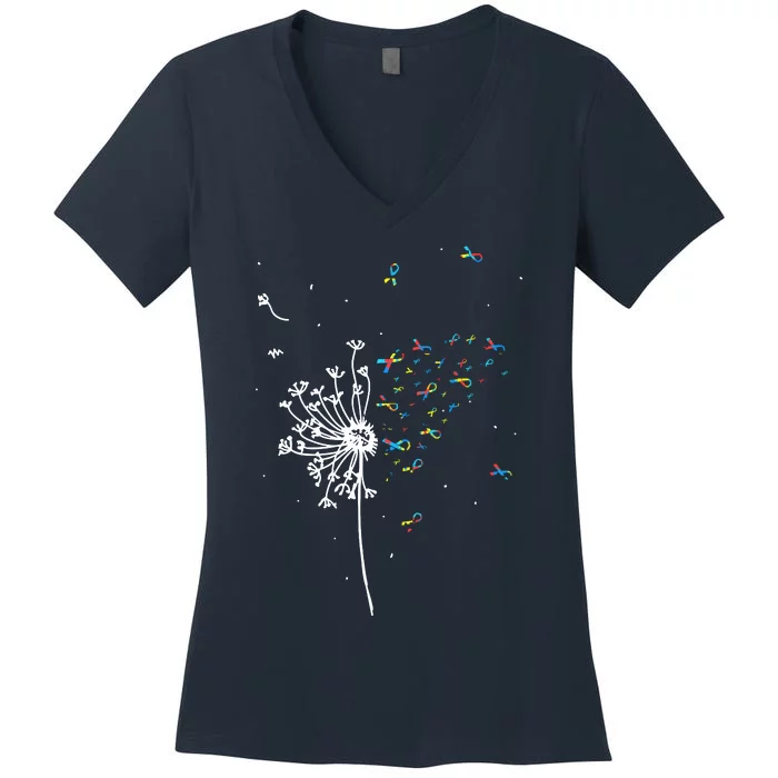 Dandelion Puzzle Ribbon Inspirational Autism Awareness Gift Women's V-Neck T-Shirt