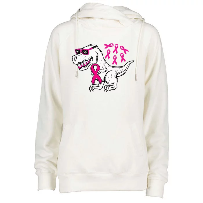 Dinosaur Pink Ribbon Breast Cancer Awareness Month Warrior Womens Funnel Neck Pullover Hood