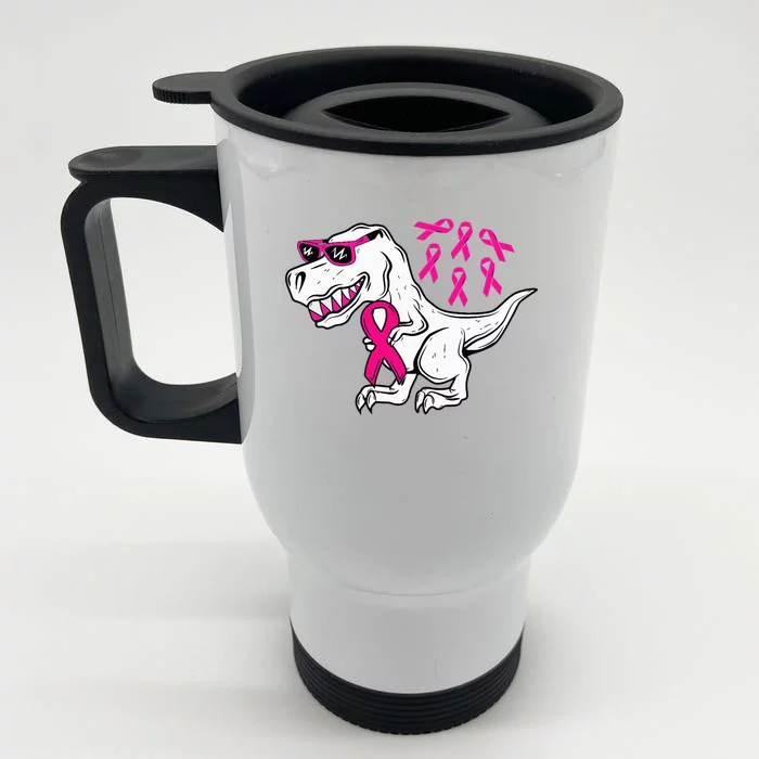 Dinosaur Pink Ribbon Breast Cancer Awareness Month Warrior Front & Back Stainless Steel Travel Mug