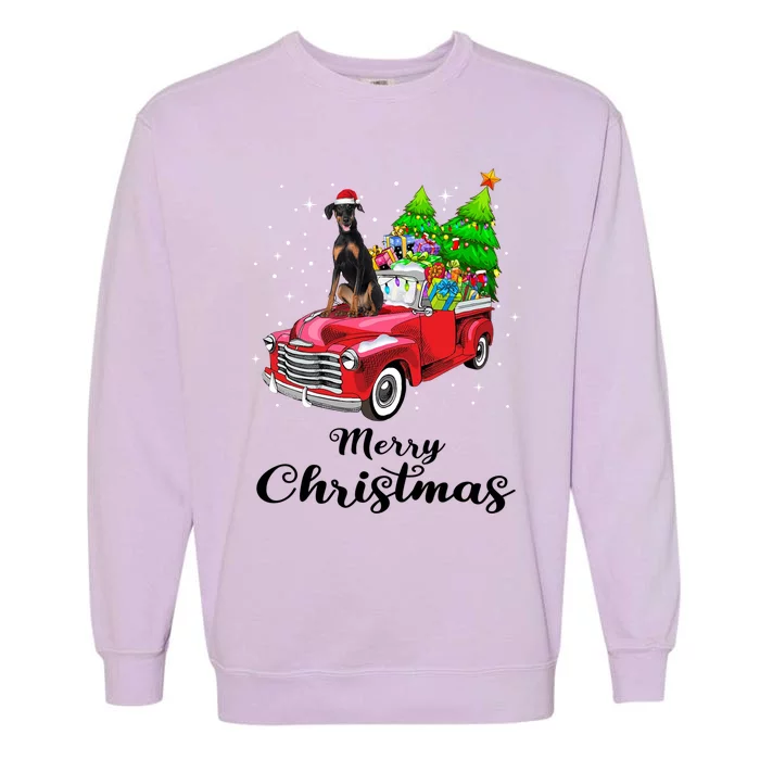 Dober Pinscher Ride Red Truck Christmas Pajama Great Gift Garment-Dyed Sweatshirt