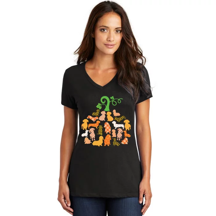 Dachshund Pumpkin Shape Plaid Leopard Dog Autumn Halloween Women's V-Neck T-Shirt