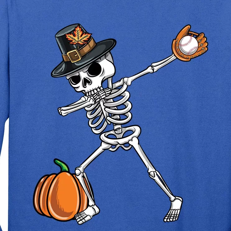 Dabbing Pilgrim Skeleton Baseball Thanksgiving Gift Tall Long Sleeve T-Shirt