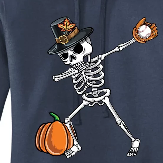 Dabbing Pilgrim Skeleton Baseball Thanksgiving Gift Women's Pullover Hoodie