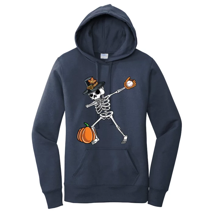 Dabbing Pilgrim Skeleton Baseball Thanksgiving Gift Women's Pullover Hoodie