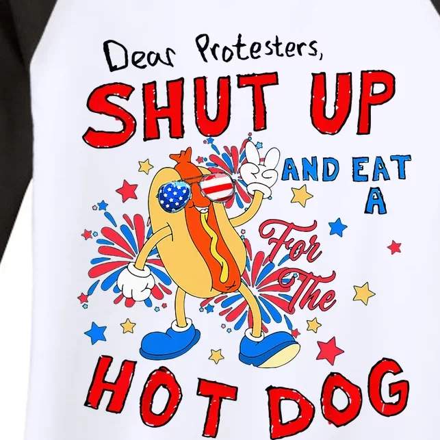 Dear Protesters Shut Up And Eat A Hot Dog Women's Tri-Blend 3/4-Sleeve Raglan Shirt