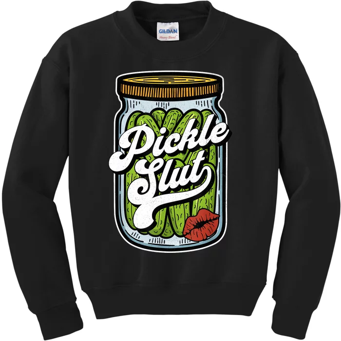 Dill Pickle Slut Funny Rude Humor Pickle Lover Jar Retro Front & Back Kids Sweatshirt