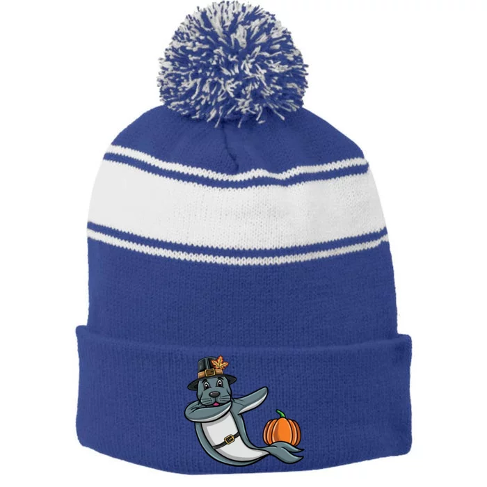 Dabbing Pilgrim Seal Thanksgiving Gift Stripe Pom Pom Beanie