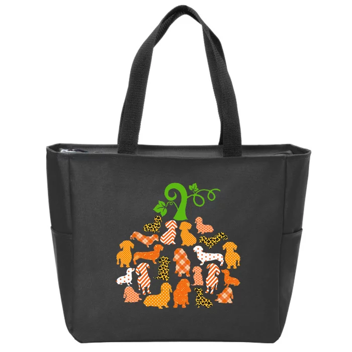 Dachshund Pumpkin Shape Plaid Leopard Dog Autumn Halloween Zip Tote Bag