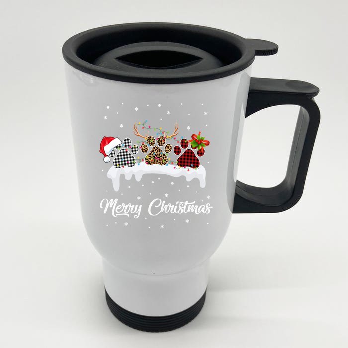 Dog Paw Santa Hat Reindeer Horns Dog Lover Merry Christmas Great Gift Front & Back Stainless Steel Travel Mug