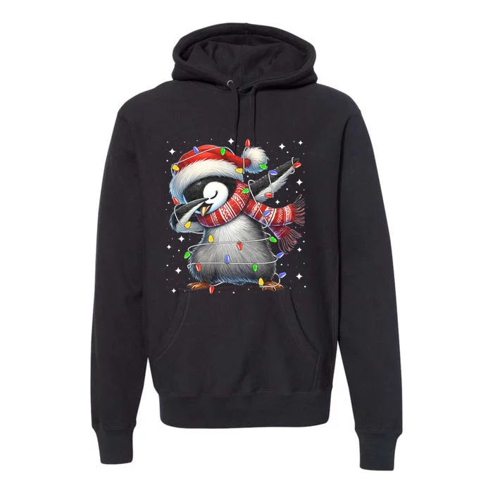 Dabbing Penguin Santa Christmas Lights Premium Hoodie