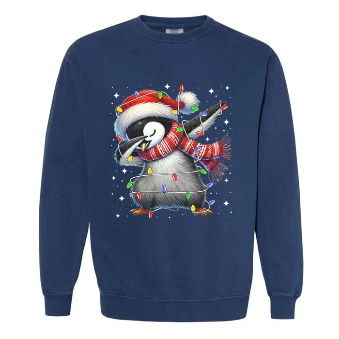 Dabbing Penguin Santa Christmas Lights Garment-Dyed Sweatshirt