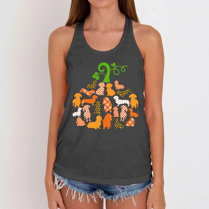 Dachshund Pumpkin Shape Plaid Leopard Dog Autumn Halloween Women's Knotted Racerback Tank