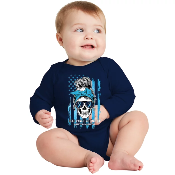 Dead Pancreas Society Diabetes Awareness Skull Messy Bun Baby Long Sleeve Bodysuit