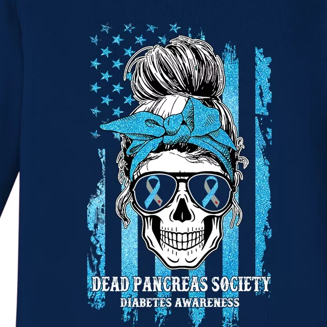 Dead Pancreas Society Diabetes Awareness Skull Messy Bun Baby Long Sleeve Bodysuit