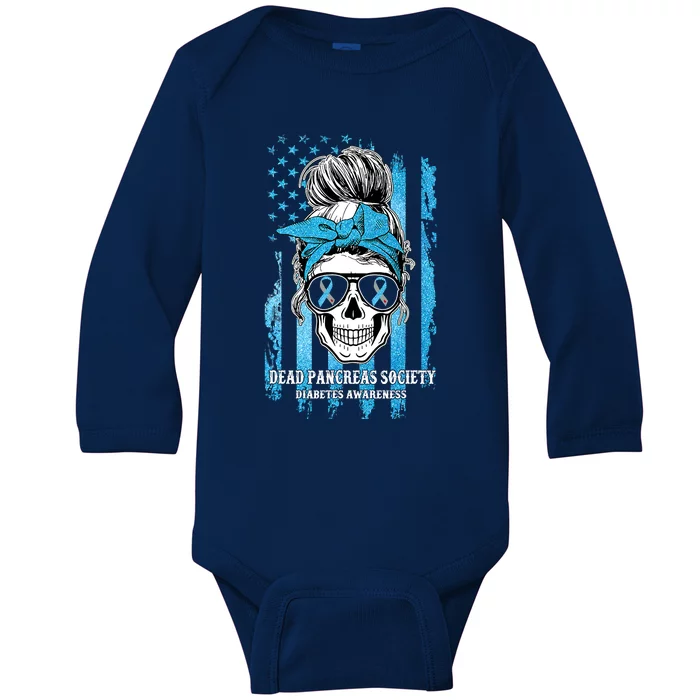 Dead Pancreas Society Diabetes Awareness Skull Messy Bun Baby Long Sleeve Bodysuit