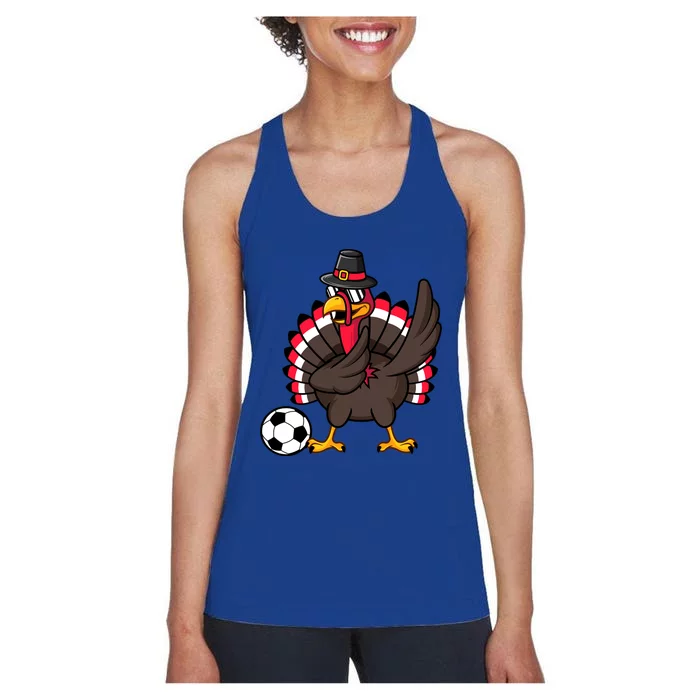 Dabbing Pilgrim Turkey Thanksgiving Day Soccer Gobble Player Cute Gift Women's Racerback Tank