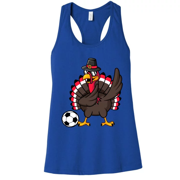 Dabbing Pilgrim Turkey Thanksgiving Day Soccer Gobble Player Cute Gift Women's Racerback Tank