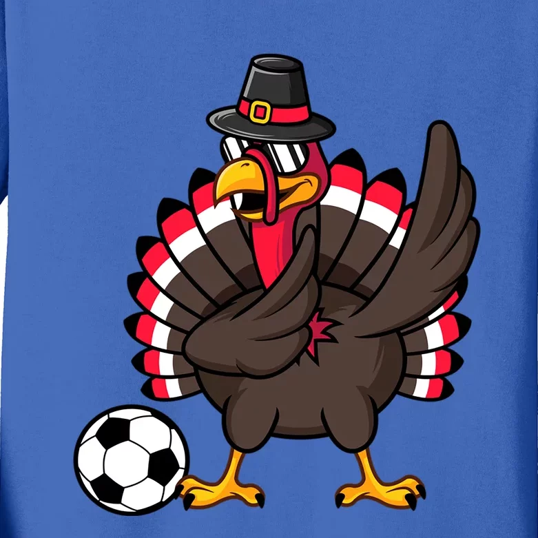 Dabbing Pilgrim Turkey Thanksgiving Day Soccer Gobble Player Cute Gift Kids Long Sleeve Shirt