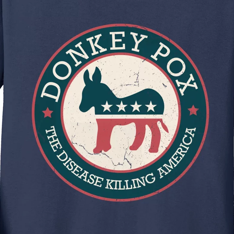 Donkey Pox The Disease Killing America Funny Meme Round Blue And Red With White Kids Long Sleeve Shirt